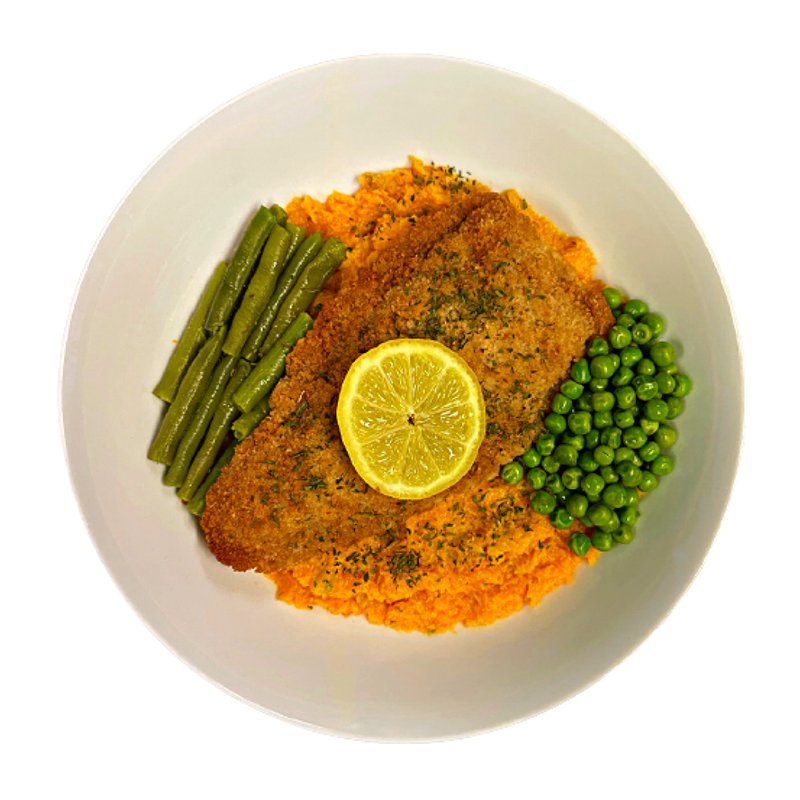 Breaded Fish With Sweet Potato Mash & Peas