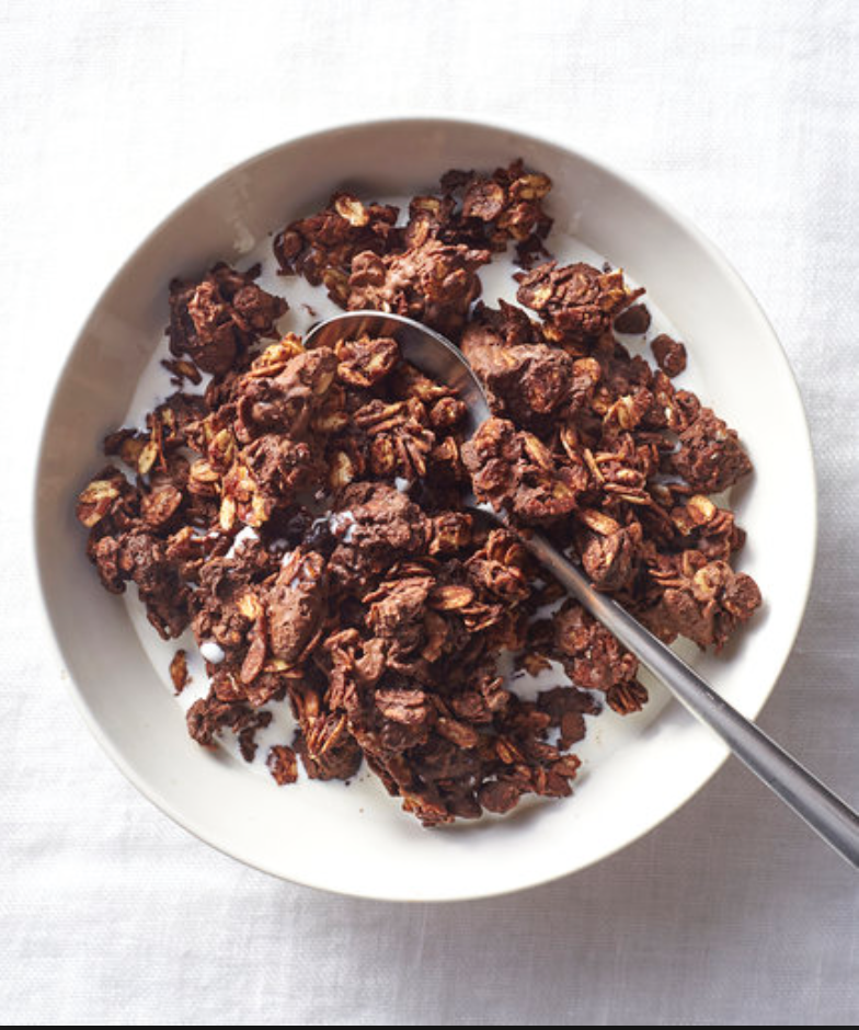 Bowl of healthy chocolate clusters cereal for delivery